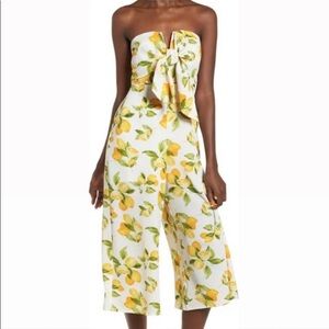 Socialite lovely lemon jumpsuit strapless tie front white lemon yellow print